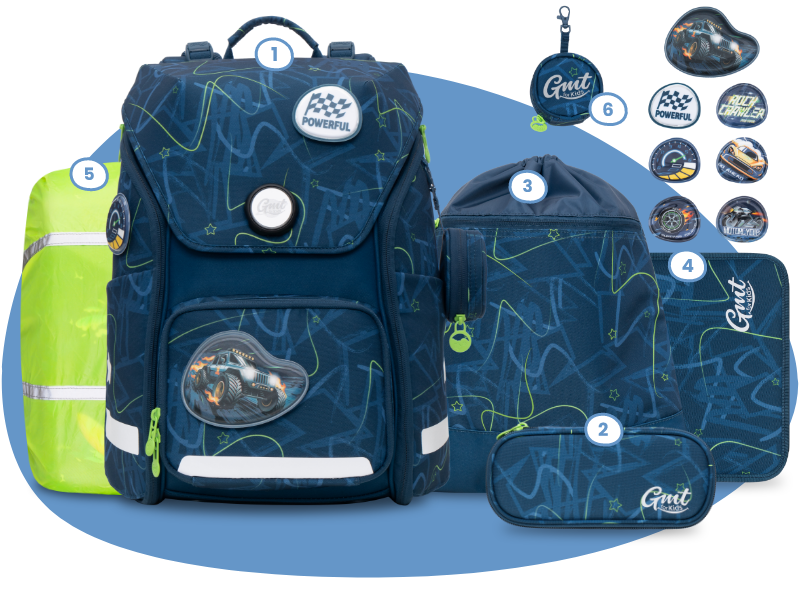 GMT_WONDER_Klassischer_Schulranzen_6-teiliges_Set_-_Blauer_Brummi