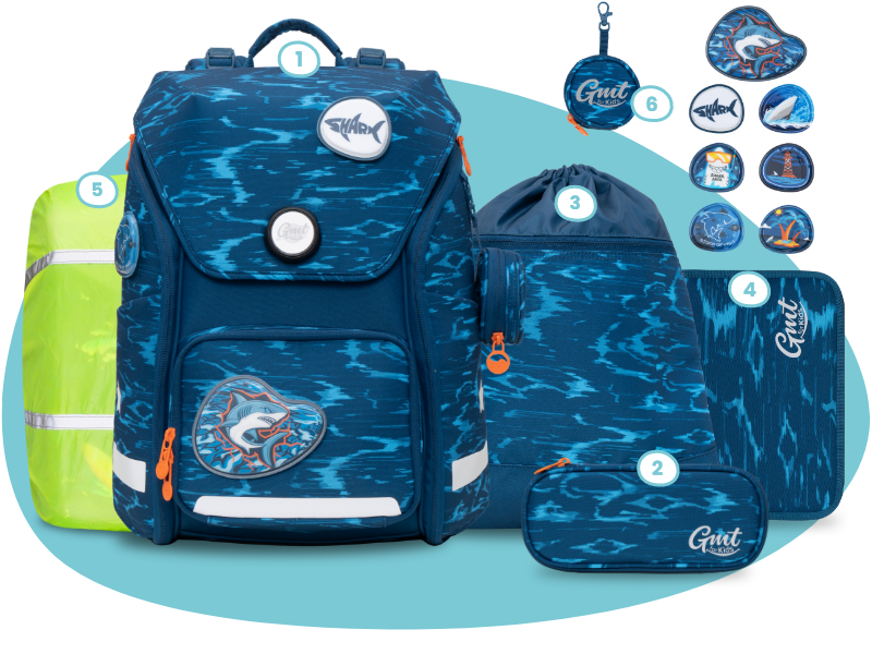 GMT WONDER Klassischer Schulranzen 6-teiliges Set - Tiefseehai